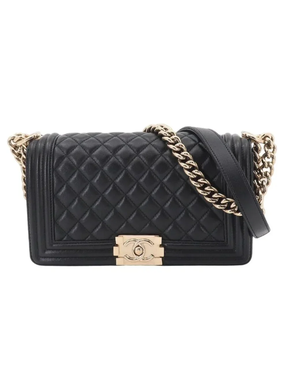 Chanel Boy Chain Shoulder Bag Lambskin Black Gold
